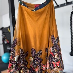 Anthropologie Gold Maxi Skirt with Leaf Embroidery